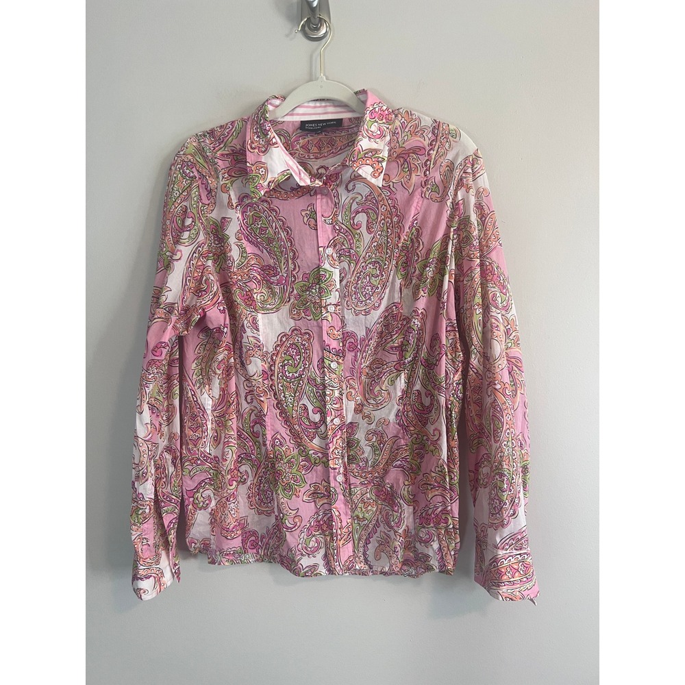 Jones New York Signature Pink Paisley Roll Tab Sleeve Cotton Shirt XL